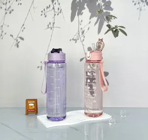 Clear plastic sports water bottle with straw time marker large capacity fitness cup portable