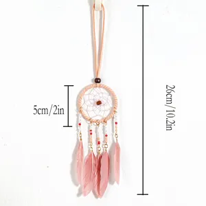 Detail showing size of pink dreamcatcher necklace with dimensions 5cm and 26cm measurements.