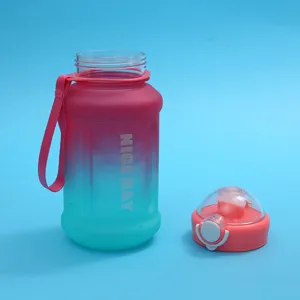 Gradient color large capacity plastic water bottle with portable strap and open lid detail.