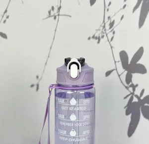 Plastic sports water bottle detail, purple translucent cup body with time markers.