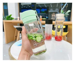 Portable plastic water bottle with scale lines, lanyard, and fresh fruit infusion design.
