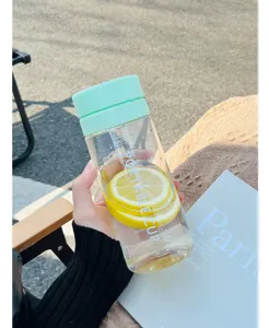Clear plastic water bottle detail shot featuring mint green lid and fresh lemon slices inside.