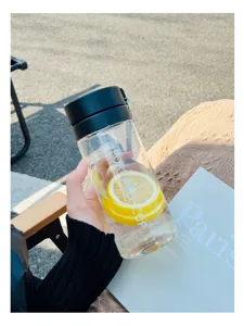Detail view of the clear portable plastic water cup with black lid and fresh lemon slices inside.