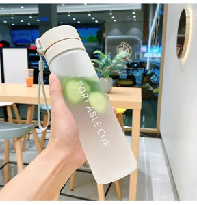 Frosted plastic water bottle with portable lanyard, perfect for outdoor sports and travel.