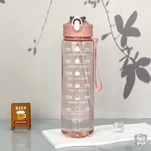 Pink gradient plastic sport water bottle with straw and time markings for outdoor gym use.