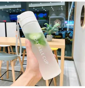 Detail shot of frosted plastic water bottle with portable strap in indoor setting.