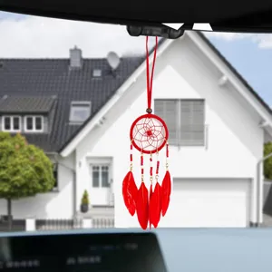 Ethnic style red dreamcatcher hanging ornament with feathers for car rearview mirror