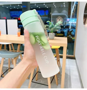 Portable frosted plastic water cup with carrying rope, gradient color design for outdoor sports.