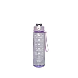 Purple motivational water bottle with time markers and strap for daily fitness sports use