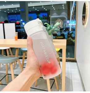 Detail shot of frosted plastic water bottle with portable strap, clear body texture and daily use.
