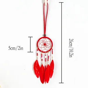 Red dreamcatcher hanging pendant detail with dimensions 5cm hoop and 26cm length