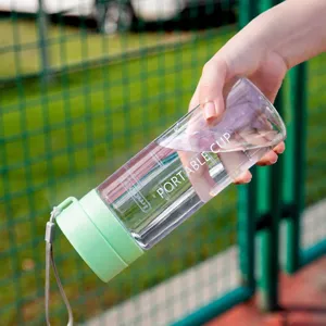 Clear plastic water bottle with portable strap, durable student couple sports cup.