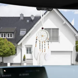 Handmade white feather dreamcatcher car hanging ornament for rearview mirror decoration