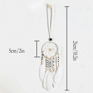 White feather dreamcatcher pendant detail showing 26cm length and 5cm diameter dimensions.