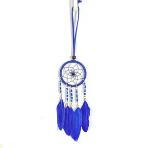 Close-up of blue dreamcatcher necklace featuring vivid feathers and delicate beadwork.