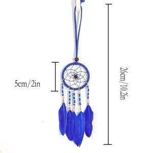 Handmade blue feather dreamcatcher wall hanging with dimensions shown in 5cm and 26cm