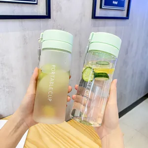 Portable plastic water bottle with strap, frosted and clear design for sports and outdoor use.
