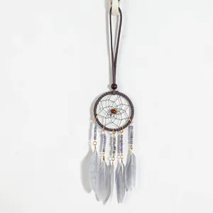 Detailed view of a handmade dreamcatcher necklace with grey feathers and beads