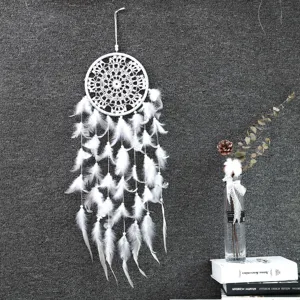 Witte Dromenvanger Wanddecoratie Veren Houten Kralen Handgemaakt Geweven Ornament Voor Bruiloft Thuis Slaapkamer Kantoor Decoratie