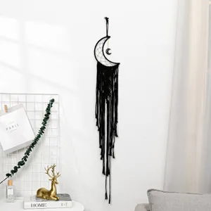 Handmade black moon macrame wall hanging, Nordic style dream catcher for home decor.