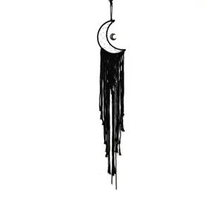 Handmade black crescent moon macrame dream catcher wall hanging detail, boho home decor.