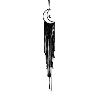 Handmade black moon macrame wall hanging boho dream catcher for home bedroom decor.