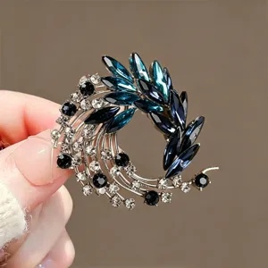 Exquisite blue crystal rhinestone feather brooch detailed view for women fashion accessories