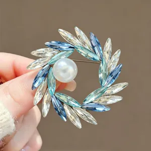 Elegant crystal leaf wreath brooch with center pearl fashion accessory for women daily wear