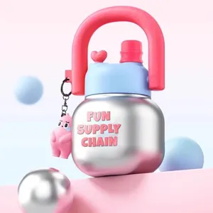 Cute stainless steel big belly water bottle with portable handle and pink character charm