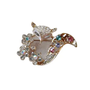 Elegant rhinestone fox brooch pin with colorful crystal flowers for women fashion accessory main view