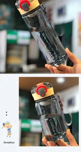 Vista di dettaglio della borraccia sportiva in plastica con coperchio sicuro, cinturino e capienza.