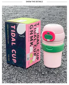 Details view of the portable pink insulated dopamine coffee travel cup with cute box.