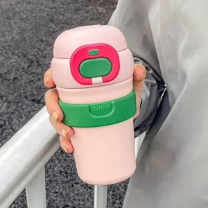 Pink insulated travel coffee mug portable cute thermos cup with green silicone grip band