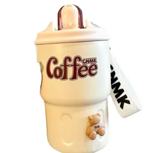 Leuke geïsoleerde koffiebeker met rietje en beren decor, 316 roestvrijstalen reisbeker voor dames