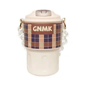 Portable 316 stainless steel thermal tumbler featuring checkered sleeve and clear chain strap