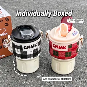 Ins Style 316 Stainless Steel Coffee Vacuum Flask With Checkered Leather Sleeve Portable Insulated Cup For Women Office Outdoor Travel Dual Drink Lid