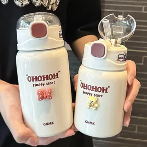 Gourde isotherme mignonne en acier inoxydable avec paille et décor d'ours en 3D