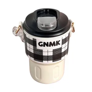 Ins-style portable 316 stainless steel coffee thermos with checkered sleeve and strap