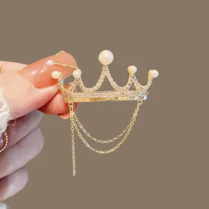 Elegant crown brooch with pearls and hanging chains for women fashion jewelry accessory