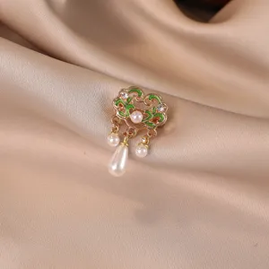 Vintage Chinese Style Auspicious Cloud Peace Lock Enamel Brooch For Women Alloy Artificial Pearl Rhinestone Pin Jewelry