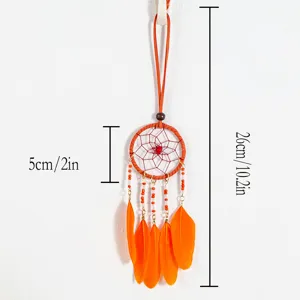 Orange feather dreamcatcher dimensions 5cm diameter 26cm total length detail view