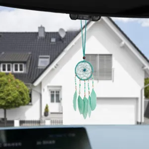 Handmade turquoise dreamcatcher car hanging ornament with real feathers and beads
