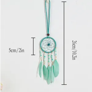 Handmade ethnic style teal dreamcatcher pendant with beads and feathers, 26cm size