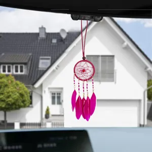 Handmade pink dreamcatcher pendant with feathers and beads for car rear view mirror