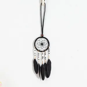 Handmade black folk style dreamcatcher hanging pendant with beads and natural feathers