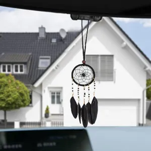 Ethnic style black dreamcatcher car hanging ornament with feathers and beads detail