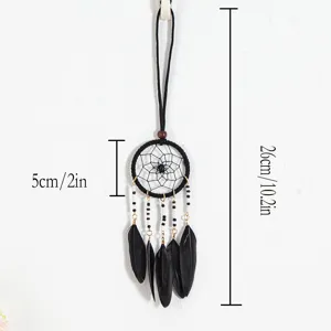 Detailed dimensions of handmade ethnic dreamcatcher pendant with black feathers