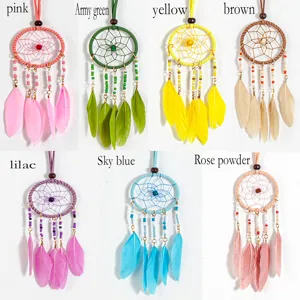 Handmade ethnic style dreamcatcher feather necklace with multi-color beads pendants