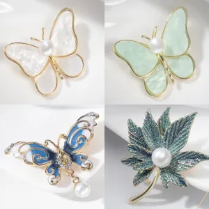Elegant butterfly and leaf brooches with faux pearls for women suit or sweater decoration