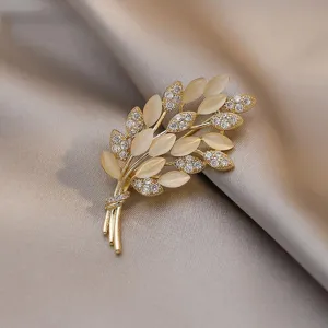 Elegant Gold Wheat Leaf Brooch Sparkle Zircon Opal Fashion Jewelry Women Accessory